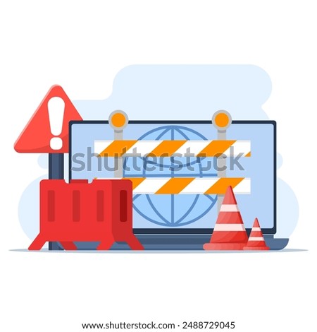 Website Under Maintenance Concept. Laptop with Repair Tools and Warning Sign. Software System Under Maintenance. Website Errors, Web Page Development and Application Updates.