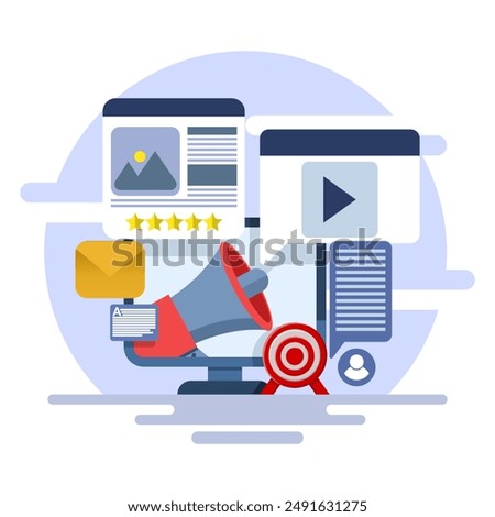 Concept of Content marketing on the internet, Posting content on social media, Writing useful content for the audience, Email marketing, SEO, branded content, flat vector illustration on background.