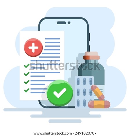 Concept of online registration of medical prescription form with health result data and approved check mark on mobile phone, healthcare checklist document on modern smart phone, vector illustration.