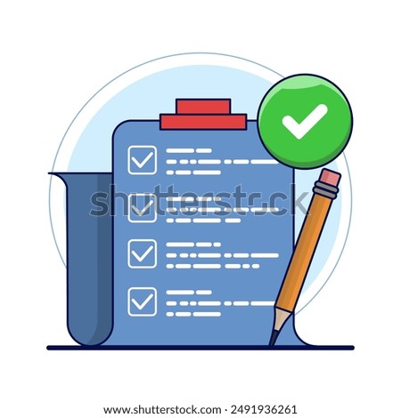 School exam results concept, educational quiz score passing checklist, checklist assignment plan survey, graphic document assessment report, interview recruitment document form. vector illustration.