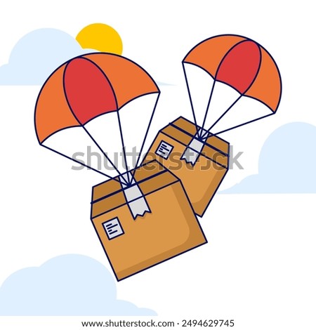 Fast air logistics delivery service concept. Packages fly down from the sky with parachutes. fast delivery to recipient. Delivery Package with Parachute Premium Icon Vector Illustration.