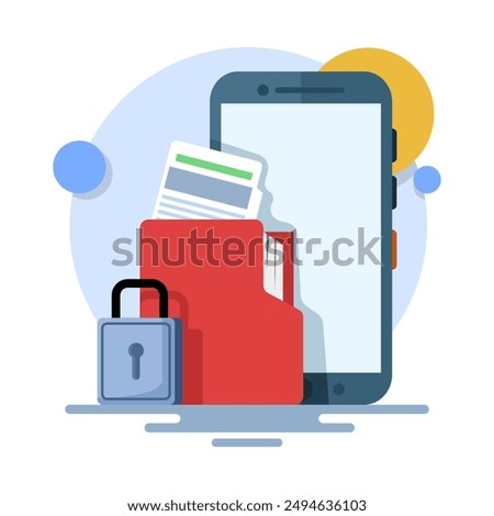 Document security concept on mobile phone. File security is locked. Cyber Security Services to Protect Personal Data. Cloud Shared Documents, Server Security and Data Protection. flat vector.