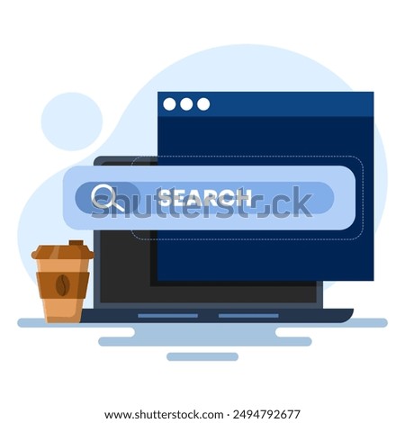 Internet browsing concept with Laptop with search engine icon concept. online web browser, search engine bar, seo optimization, search screen page, flat vector illustration on background.