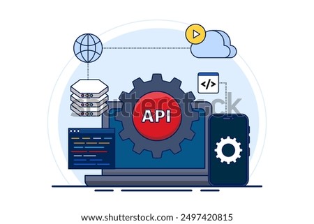 Application programming interface concept. software development tools, Internet and networks, APIs provide interfaces for communication between applications, simplifying application integration.