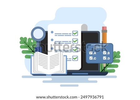 Online exam platform concept with big computer and testing site. Online Education. education concept. choose answers for exam tests and achieve good results. flat vector illustration on background.