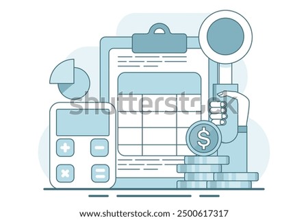 concept of calculating business profits, analyzing business data, calculating budgets, profits and losses, generating report graphs from data, calculator with spreadsheet creation reports. vector.