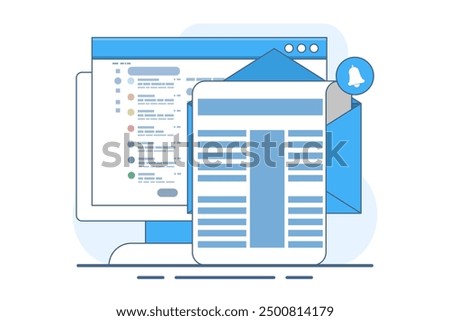 Concept of Email inbox or new email notification. email notification on laptop, email message on device screen. Message reminder concept. Newsletter on computer. Vector illustration in flat style.