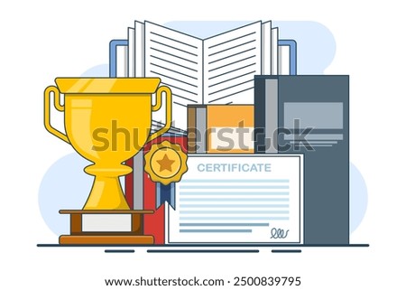 Gold trophy with certificate and book, graduation award pedestal with trophy, graduate hat and certificate. The Path to Success. School education icon, flat vector illustration on background.