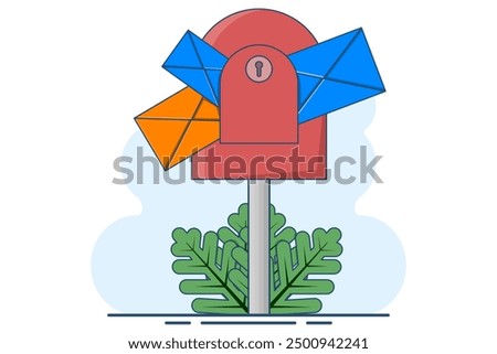 concept of New message or communication. mailbox with letters in envelopes. Mailbox. Business correspondence, subscription. Mail inbox and mailbox. Open the post box. Postal service. flat vector.