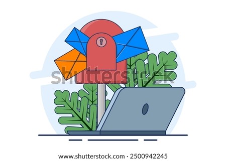 concept of New message or communication. mailbox with letters in envelopes. Mailbox. Business correspondence, subscription. Mail inbox and mailbox. Open the post box. Postal service. flat vector.