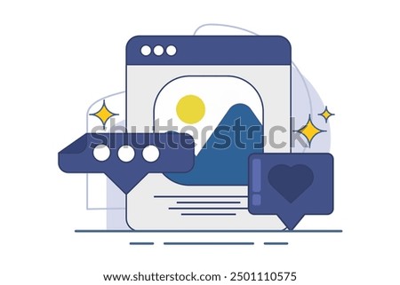 Social media concept. Web landscape symbol. see new Social Media Posts. leave Comments and likes for Photos on Mobile App. Social media posts. Vector illustration on background.