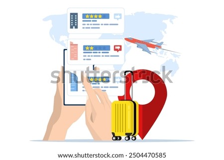 The concept of choosing hotels and rooms online booking images, Browse searches or choose hotels, inns and apartments via the internet, Concept of travel, holidays and accommodation. flat vector.