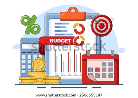 Budget calculation concept, budget business strategy, finance and accounting, economics and investment, budget calculation, profit and loss, report graph creation from data, flat vector illustration.