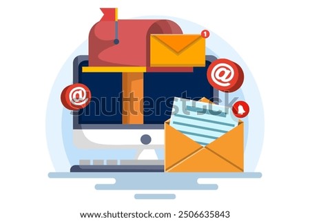 Email and smartphone concept, Email marketing campaign, Work process, New email message. Letter, sheet in envelope, check mark. Sending application. Receiving news. Filled document.