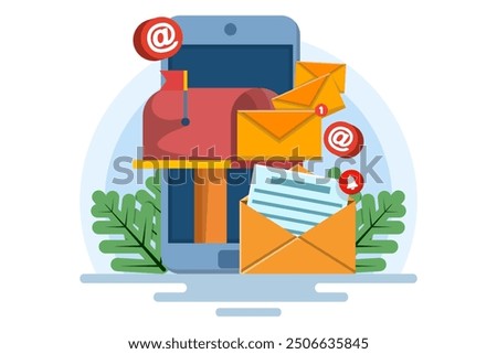 Email and smartphone concept, Email marketing campaign, Work process, New email message. Letter, sheet in envelope, check mark. Sending application. Receiving news. Filled document.