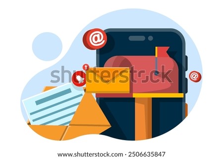 Email and smartphone concept, Email marketing campaign, Work process, New email message. Letter, sheet in envelope, check mark. Sending application. Receiving news. Filled document.