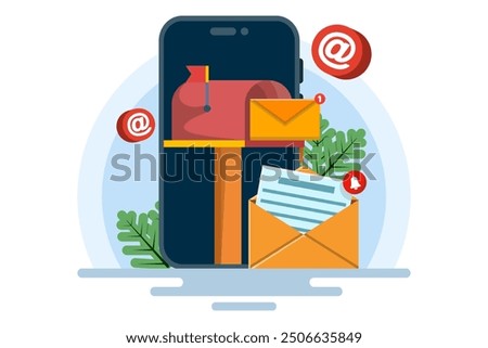 Email and smartphone concept, Email marketing campaign, Work process, New email message. Letter, sheet in envelope, check mark. Sending application. Receiving news. Filled document.