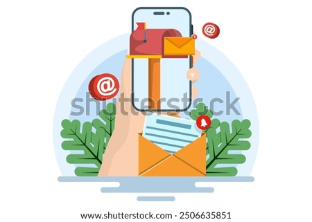 Email and smartphone concept, Email marketing campaign, Work process, New email message. Letter, sheet in envelope, check mark. Sending application. Receiving news. Filled document.