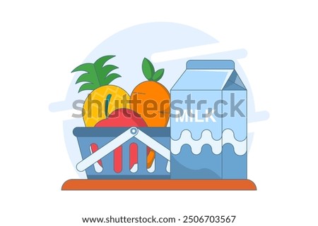 Concept of fruit and milk drinks, healthy and nutritious food and drinks. Flat Outline Illustration Vector Graphics Shopping Bag, Pineapple, Apple, Carrot and Milk Icons. App Icons, Banners, etc.