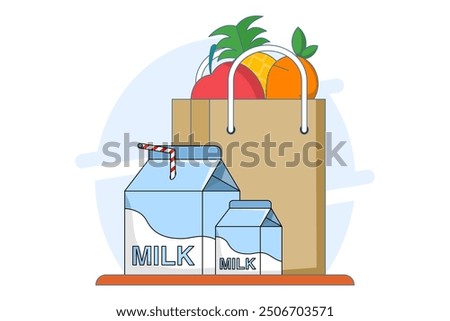 Concept of fruit and milk drinks, healthy and nutritious food and drinks. Flat Outline Illustration Vector Graphics Shopping Bag, Pineapple, Apple, Carrot and Milk Icons. App Icons, Banners, etc.