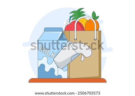 Concept of fruit and milk drinks, healthy and nutritious food and drinks. Flat Outline Illustration Vector Graphics Shopping Bag, Pineapple, Apple, Carrot and Milk Icons. App Icons, Banners, etc.