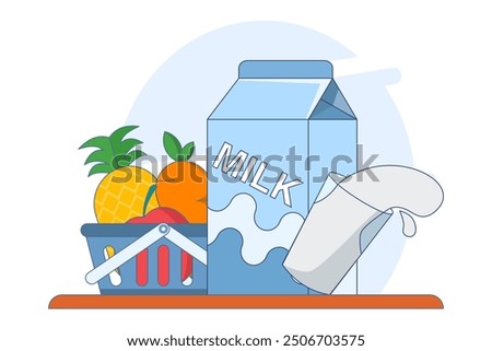 Concept of fruit and milk drinks, healthy and nutritious food and drinks. Flat Outline Illustration Vector Graphics Shopping Bag, Pineapple, Apple, Carrot and Milk Icons. App Icons, Banners, etc.