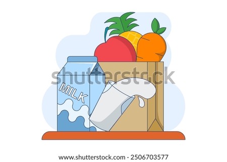 Concept of fruit and milk drinks, healthy and nutritious food and drinks. Flat Outline Illustration Vector Graphics Shopping Bag, Pineapple, Apple, Carrot and Milk Icons. App Icons, Banners, etc.