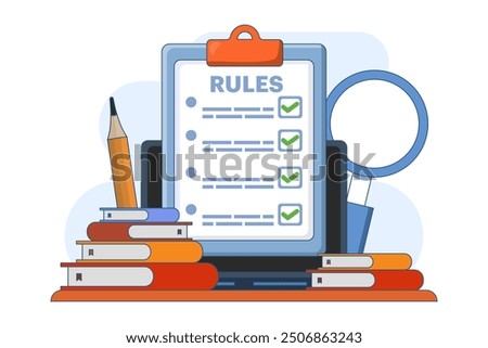 Company policy concept about rules, discussing company rules and regulations, Agreement, Corporate law and business ethics, Compliance, flat vector illustration on background.