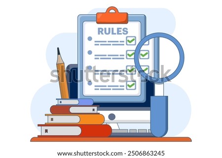 Company policy concept about rules, discussing company rules and regulations, Agreement, Corporate law and business ethics, Compliance, flat vector illustration on background.