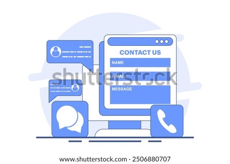 Customer support concept, customer service, online support, help desk, contact us form. Contact us, Customer care service, Online support, Hotline, Help desk. Flat vector illustration.