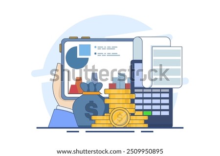 Accounting and finance concept. Budget income. Accounting profit is calculated by subtracting expenses from revenue. Business accountant with calculator. Flat vector illustration on background.