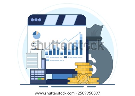 Accounting and finance concept. Budget income. Accounting profit is calculated by subtracting expenses from revenue. Business accountant with calculator. Flat vector illustration on background.