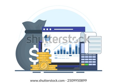 Accounting and finance concept. Budget income. Accounting profit is calculated by subtracting expenses from revenue. Business accountant with calculator. Flat vector illustration on background.