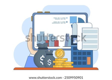 Accounting and finance concept. Budget income. Accounting profit is calculated by subtracting expenses from revenue. Business accountant with calculator. Flat vector illustration on background.