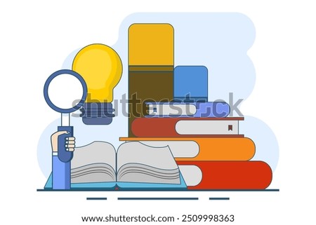 book reference concept, library, stack of books and light bulb. literature, educational design, idea, brainstorming, education and reading. Ideas and inspiration. Symbol or icon. vector illustration.