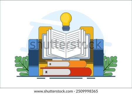 book reference concept, library, stack of books and light bulb. literature, educational design, idea, brainstorming, education and reading. Ideas and inspiration. Symbol or icon. vector illustration.