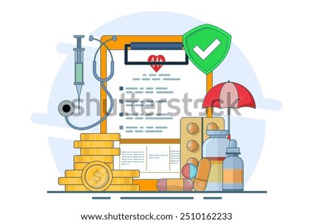 Healthcare concept explained through attractive visuals on the theme of co-payments, coverage and deductibles, featuring interaction with financial elements, flat vector illustration on the background