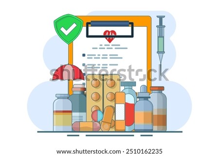 Healthcare concept explained through attractive visuals on the theme of co-payments, coverage and deductibles, featuring interaction with financial elements, flat vector illustration on the background