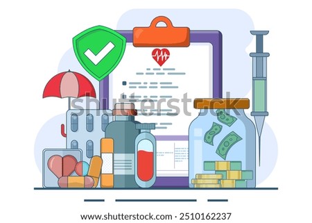 Healthcare concept explained through attractive visuals on the theme of co-payments, coverage and deductibles, featuring interaction with financial elements, flat vector illustration on the background