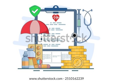 Healthcare concept explained through attractive visuals on the theme of co-payments, coverage and deductibles, featuring interaction with financial elements, flat vector illustration on the background