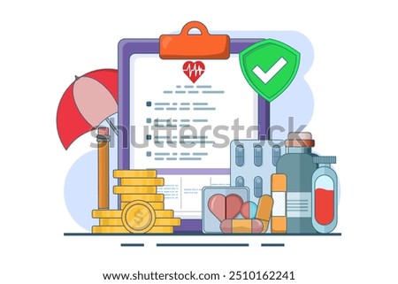 Healthcare concept explained through attractive visuals on the theme of co-payments, coverage and deductibles, featuring interaction with financial elements, flat vector illustration on the background