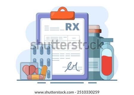 Concept of medicine and pharmacy, healthcare, online prescription, disease therapy pills, painkillers. Sign of the doctor. Doctor's prescription. Flat design vector illustration on background.