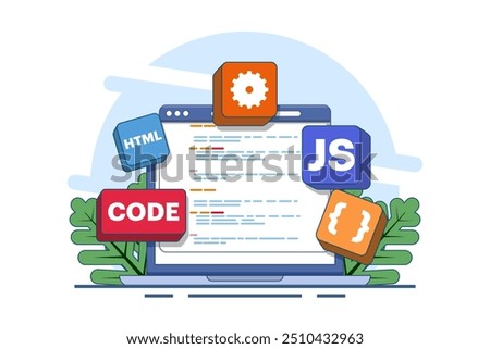 Computer programming concept, Java, HTML symbols, web design, software, application design, programming language, development, website. Flat vector illustration on background.