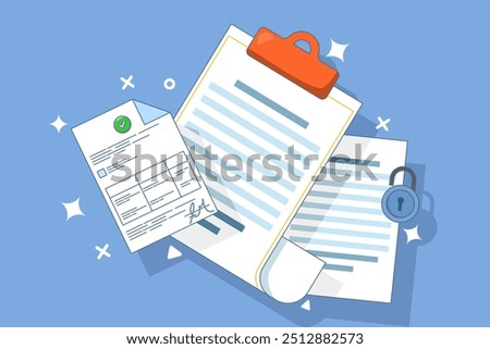 Contract Signing Concept. Signing legal document, electronic contract, online agreement document. Reading and signing the terms and conditions of the contract. Flat web vector illustration.