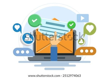 Email marketing strategy concept, Email campaign, Sending emails to potential customers, Newsletter marketing, Sharing advertising messages on social media, Internet network communication.