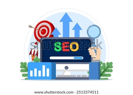 Search engine optimization concept, SEO growth, search engine optimization, analytics. Advertising campaign performance, target audience data, query monitoring. Digital marketing. Vector illustration.