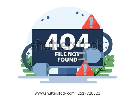 Concept of 404 error, System error, Broken page, Cable and socket, Page not found. Unplug system error. Flat vector illustration on background.