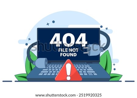 Concept of 404 error, System error, Broken page, Cable and socket, Page not found. Unplug system error. Flat vector illustration on background.