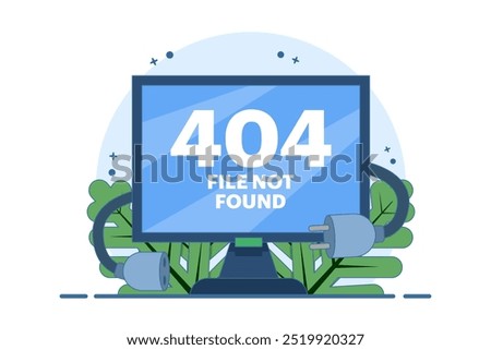 Concept of 404 error, System error, Broken page, Cable and socket, Page not found. Unplug system error. Flat vector illustration on background.