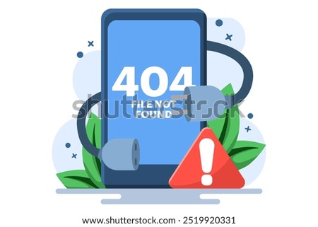 Concept of 404 error, System error, Broken page, Cable and socket, Page not found. Unplug system error. Flat vector illustration on background.